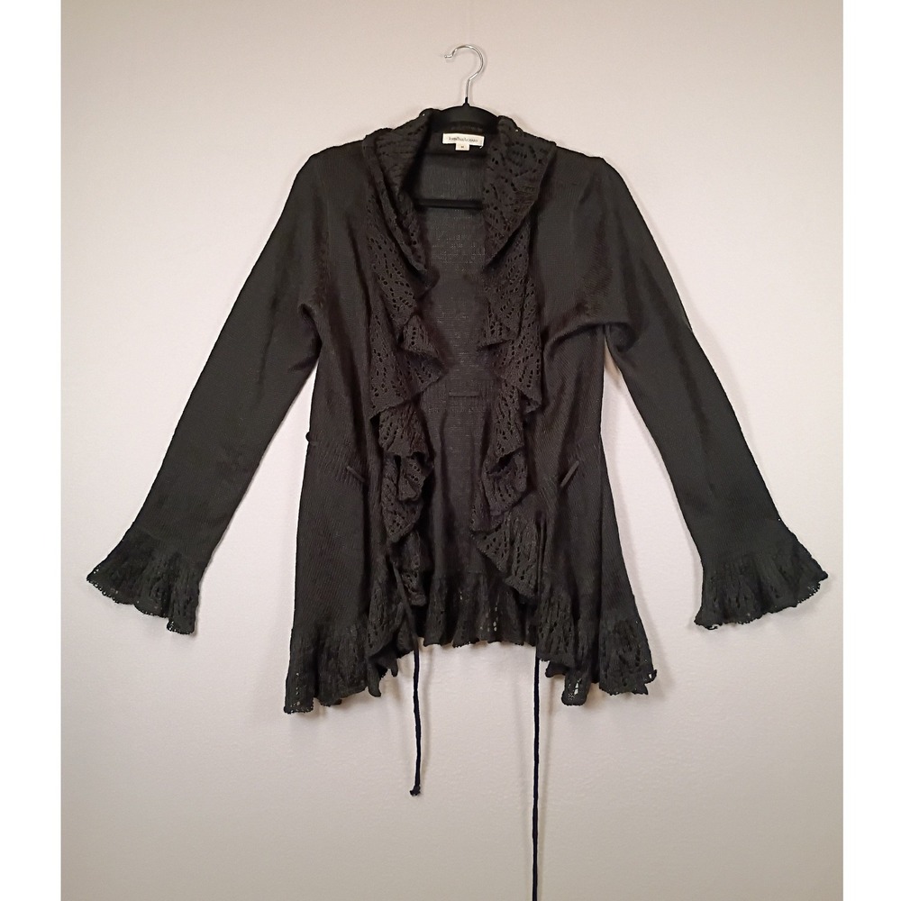 Whimsygoth John Paul Richard Women M Black Crochet Ruffle Tie Cardigan M0494797J